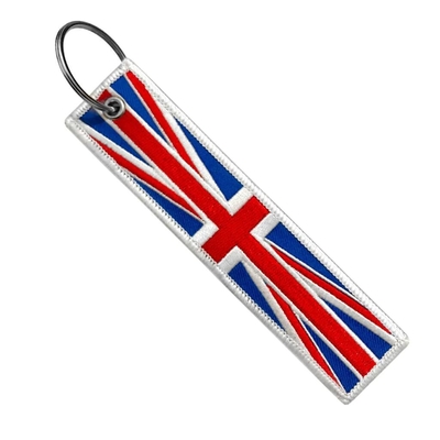 da bandeira feita sob encomenda do bordado de Reino Unido da sarja da corrente chave da motocicleta de 130*30mm corrente chave